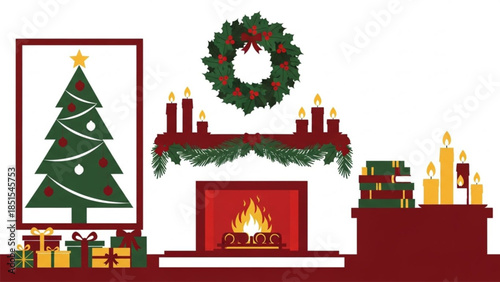 Festive colored vector art with candles books fireplace logs framed christmas tree gifts garland wreath and holiday ornaments in minimalist silhouette style