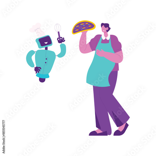 Illustrated chef presenting a pizza to robot assistant.