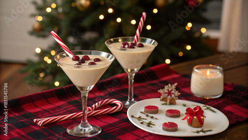 Two creamy holiday cocktails garnished with cranberries and candy cane straws sit on a plaid runner next to a candle and plate of treats with a christmas tree in the background