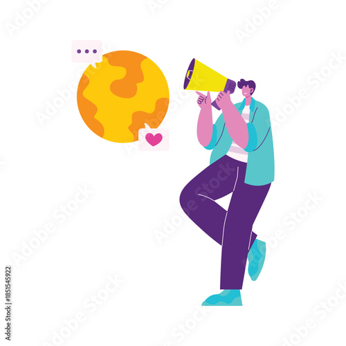 Illustrated person with megaphone and globe symbol.