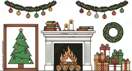 Festive colored vector art with candles books fireplace logs framed christmas tree gifts garland wreath and holiday ornaments in minimalist silhouette style