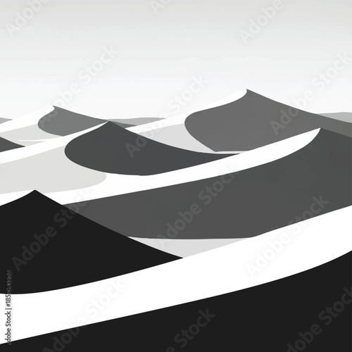 Abstract grayscale desert landscape with rolling sand dunes under a clear sky