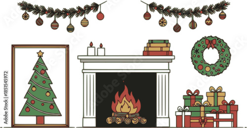 Festive colored vector art with candles books fireplace logs framed christmas tree gifts garland wreath and holiday ornaments in minimalist silhouette style