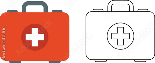 First Aid Kit Icon Set. Medical Emergency Box in Color and Outline Vector Illustration