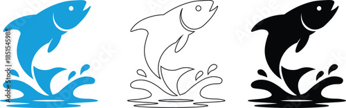 Jumping Fish Vector Set. Splashing Fish Icon in Color, Outline and Silhouette