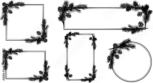 Black silhouette Christmas frame set with pine branch decoration vector illustration for holiday design and winter greeting cards