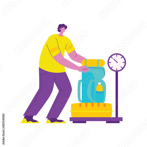 Male Traveler Weighing Luggage On Scale.
