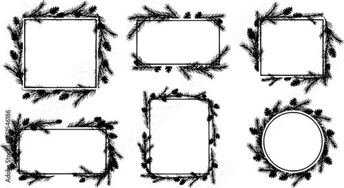 Black silhouette Christmas frame set with pine branch decoration vector illustration for holiday design and winter greeting cards