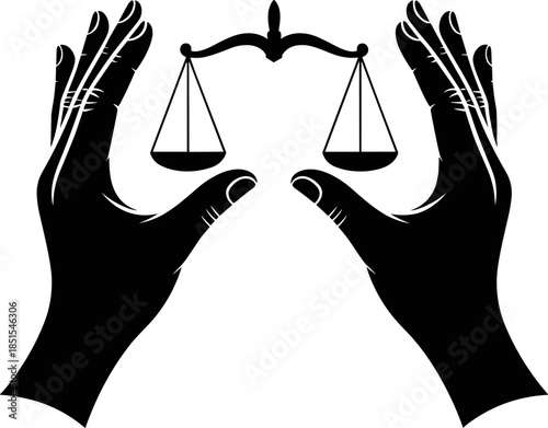 Vector Silhouette of Hands Upholding the Scales of Justice Icon - Symbolizing Legal Integrity, Ethical Balance, and Protection in Law and Order Concept Design.