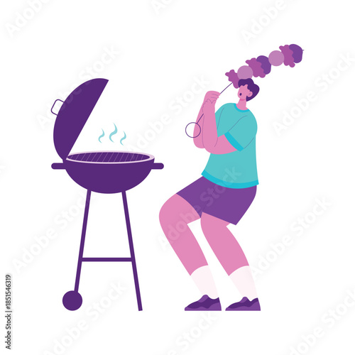 Person covering face coughing from barbecue smoke.