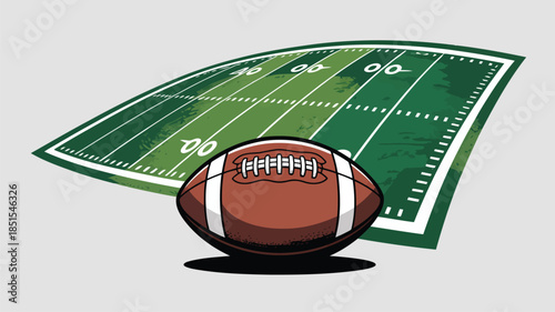 A brown American football sits centered against a curved green stadium field with visible yardage numbers