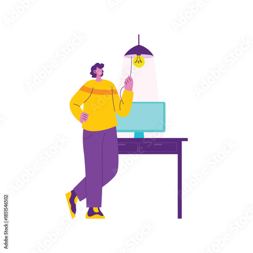 Person Leaning on Desk Holding Lamp.