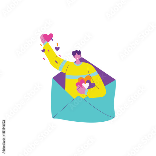 Person inside envelope holding hearts sending love.