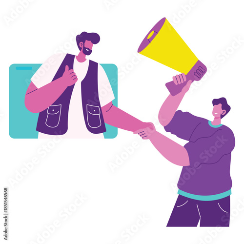 Person Shaking Hands With Megaphone Holder.