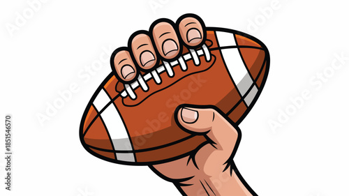 A cartoon hand with tan skin is shown gripping a brown American football tightly, preparing for action