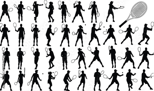 Extensive Black Silhouette Vector Set of Male and Female Tennis Players, Poses and Actions, Rackets, and Ball for Sports, Fitness, Competition, and Active Lifestyle Design