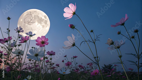 Beautiful cosmos flowers blooming under a bright full moon in a dark blue night sky, creating a serene and magical garden scene