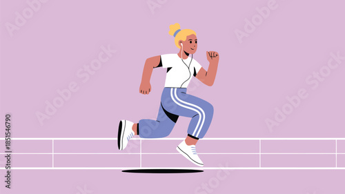 A cheerful blonde woman jogs energetically wearing blue track pants and earbuds on a pink track