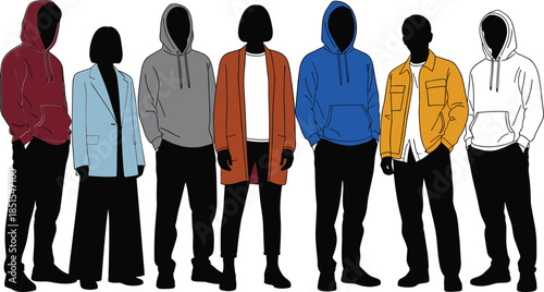 Faceless diverse fashion silhouettes, casual outerwear illustration, hoodie jacket coat vector, modern streetwear style, minimal people design, stock art