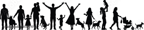 Family and community silhouette, adults children dogs group, black vector figures, social interaction scene, diversity illustration pack, stroller pose