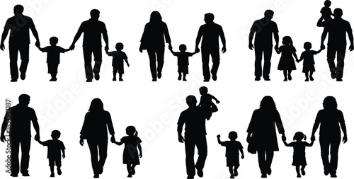 Family silhouette collection, parents and children group, diverse family poses, black vector figures, relationship gesture set, parenting illustration pack