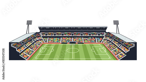 Illustrated View of a Soccer Stadium with a Cheering Crowd and Green Field, Ready for a Match