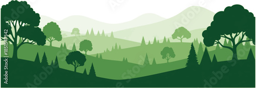Vector panoramic landscape with green silhouettes of trees and hills