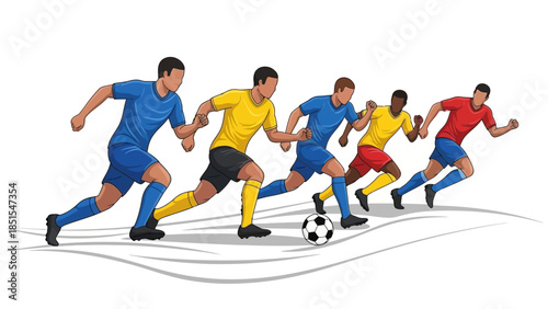 Vibrant illustration of male soccer players in action, chasing the ball on the pitch