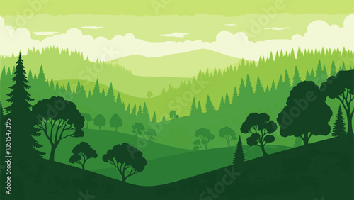 Vector panoramic landscape with green silhouettes of trees and hills