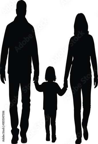 Family walking silhouette, parent child unity, black white minimal style, hand in hand, vector art, love care concept, design use