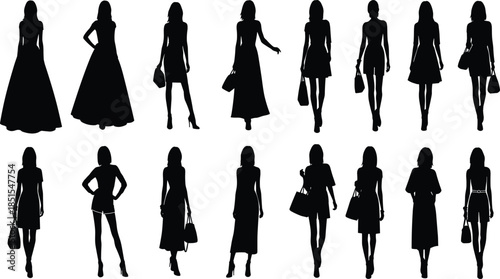 Fashion silhouette women, dress styles, handbag poses, black vector icons for clothing, boutique, runway, shopping, elegance, design, trend
