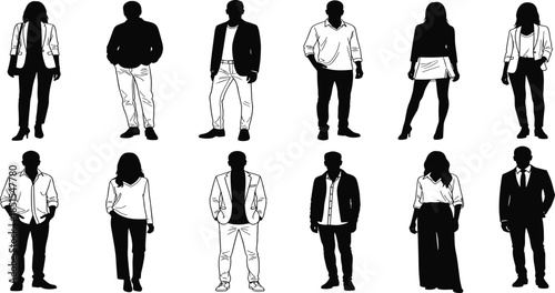 Fashion silhouette set, diverse clothing styles, standing pose illustration, casual and formal outfit, black figure vector, modern posture design, minimal art
