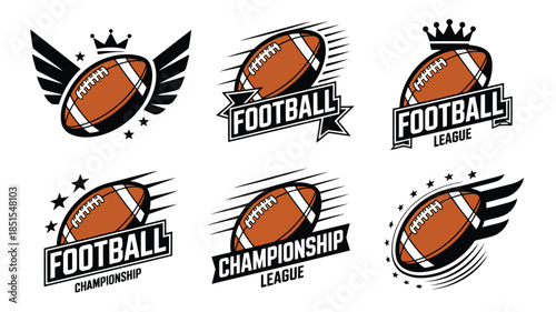 A collection of six distinct American football sports emblems with crowns, wings, and stars