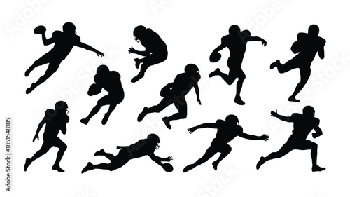 A comprehensive collection of American football player silhouettes performing diverse sports actions