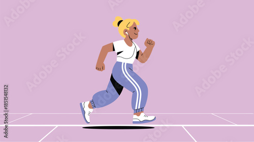 A determined blonde woman runs in blue athletic pants with earbuds on a vibrant pink track
