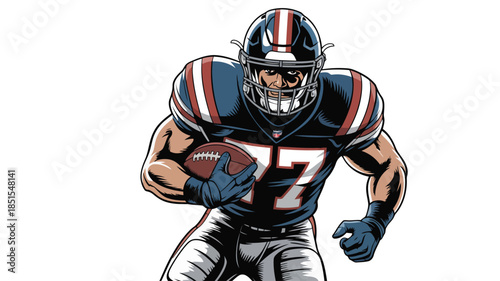 A determined American football player number seventy seven charging ahead with a football