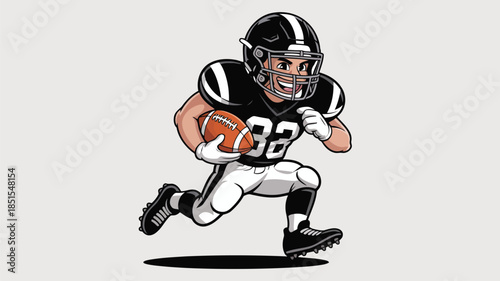 A determined cartoon American football player in a black and white uniform runs with the ball