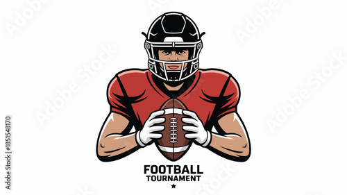 A determined football player in a red jersey and black helmet holds the ball ready for a tournament