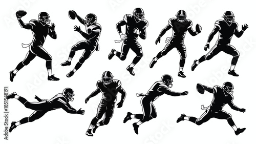 A dynamic collection of American football players in action poses with different movements and equipment