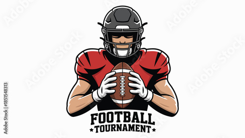 A focused American football player in a red jersey and dark grey helmet holds the game ball