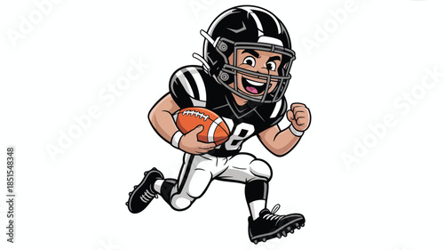 A happy cartoon American football player in a black uniform runs with the football on a white background