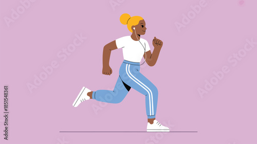 A happy young woman jogs with wired earbuds and comfortable athletic wear on a colorful backdrop