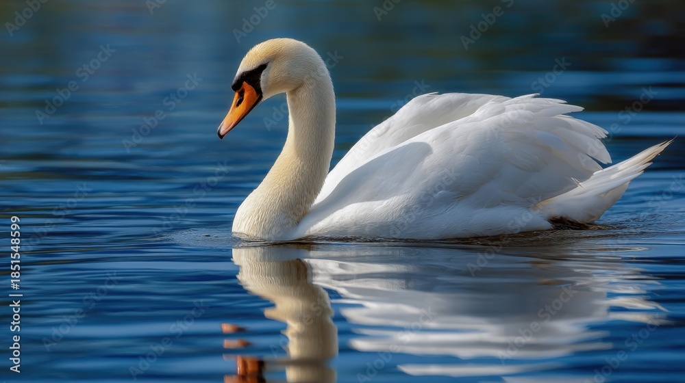 Naklejka premium A swan swims smoothly across the water creating gentle ripples. The sun shines brightly illuminating the scene and reflecting on the surface. Natural surroundings provide a calming backdrop.