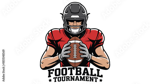 A resolute football player in a red jersey and dark grey helmet grasps the ball for a tournament