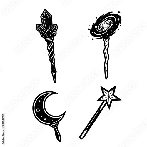 Set of four mystical and magical wands and scepters with celestial and crystal designs.