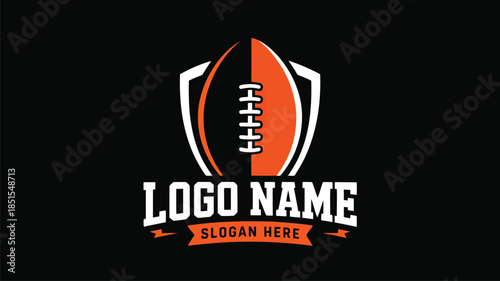 A striking American football logo features an orange and white ball centered within a shield on a dark background