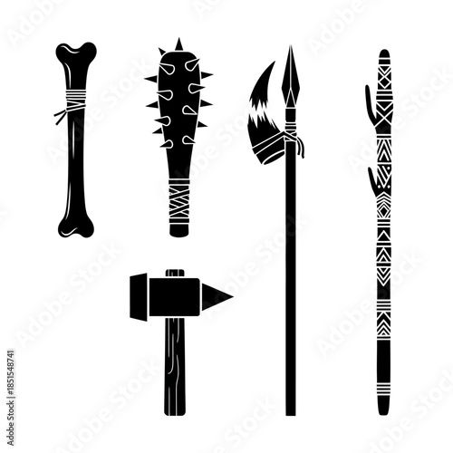 Collection of ancient and primitive weapons and tools, including a bone club, spiked mace, spear, patterned staff, and hammer.