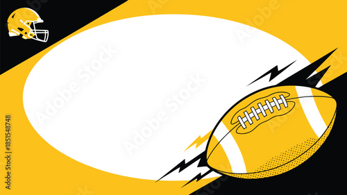 A striking football frame design with a white oval, a yellow helmet, and a ball with lightning bolts
