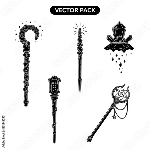 Black and white vector pack of various magical wands, staffs, and a floating crystal, depicting fantasy and sorcery elements.
