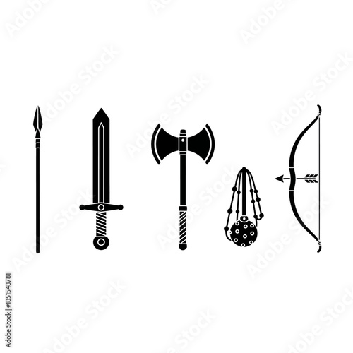 Collection of medieval and fantasy weapon silhouettes including spear, sword, axe, morning star, and bow with arrow on white background.